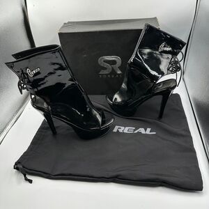 So Real Ronnie Black Patent Peep Toe Platform Stiletto Ankle Booties Lace Up 8